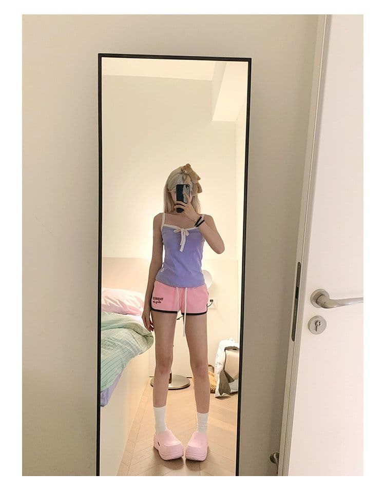 아메리칸 자수 펌프 로프 허리밴드 3 점 바지 여성 핫걸 여름 캐주얼 운동 요가 편안함 반바지 상세 이미지 4