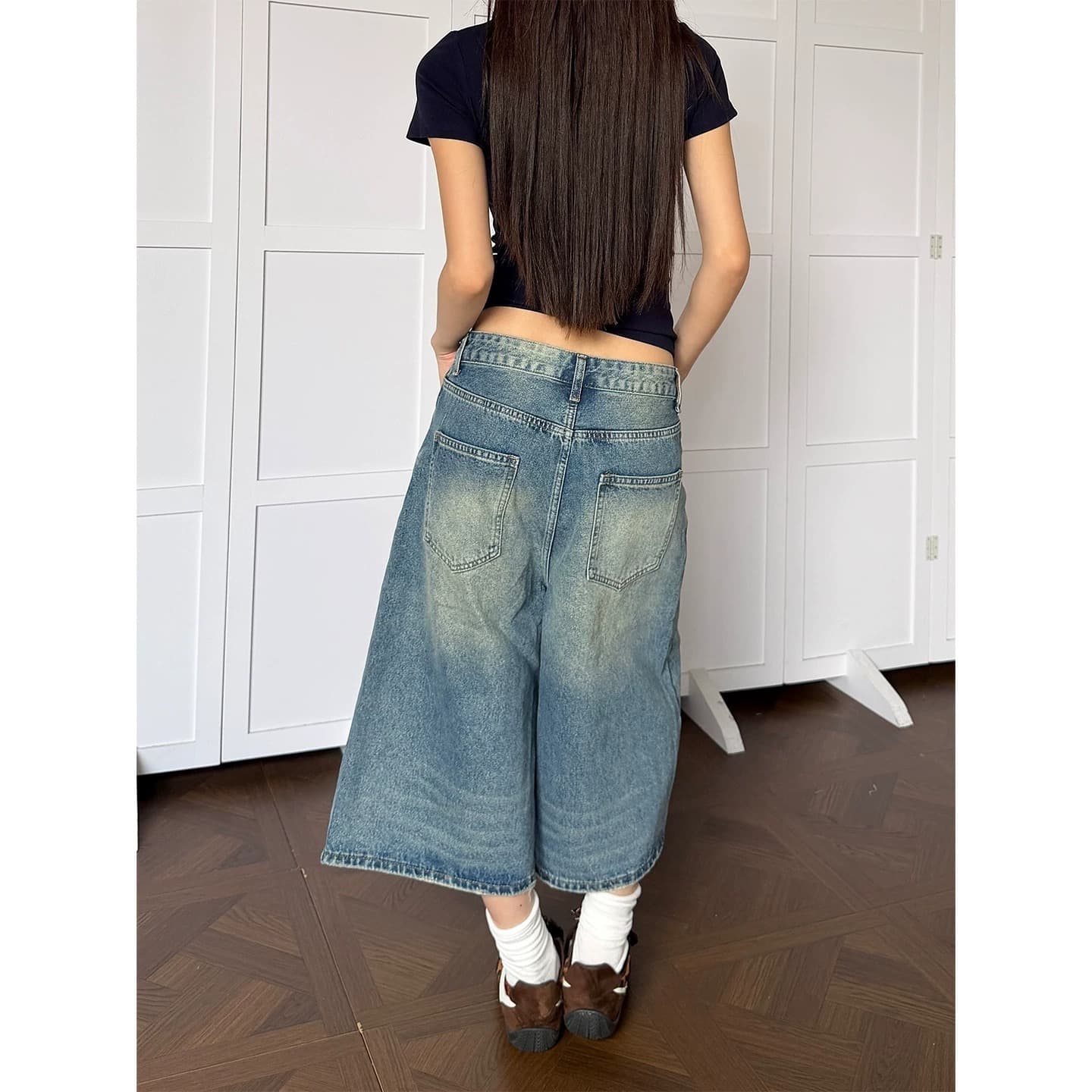 워싱 고양이 반드시 단추 7 점 청바지 남녀 여름 아메리칸 마 오래된 루즈핏 캐주얼 넓은 다리 바지 이미지 5
