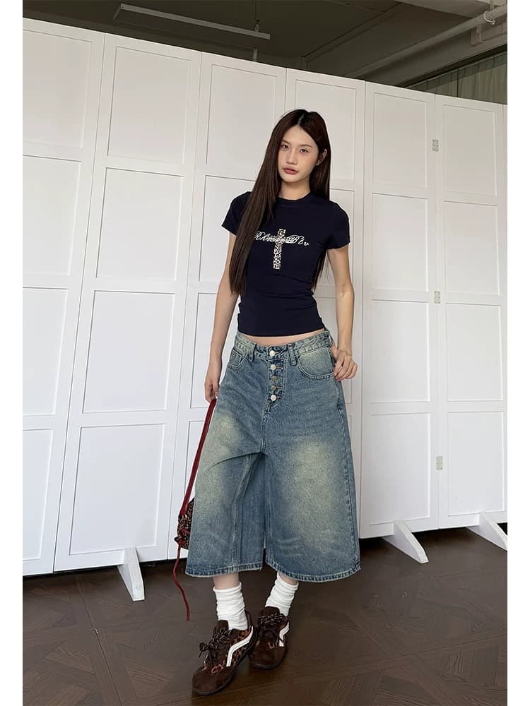 워싱 고양이 반드시 단추 7 점 청바지 남녀 여름 아메리칸 마 오래된 루즈핏 캐주얼 넓은 다리 바지 상세 이미지 10