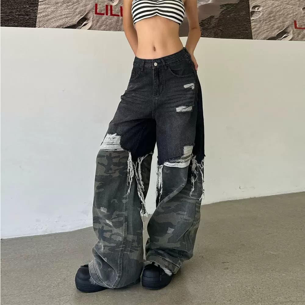 2026 섹션 아메리칸 레트로 핫걸 데님 섹션 패치워크 카모플라주 워크웨어 팬츠 찢어진 부분 거리 느긋한 루즈핏 와이드 레그 팬츠 이미지 5