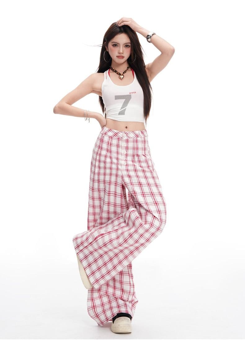 도파민 느긋한 바람 체크무늬 와이드 레깅스 바지 새로운 하이웨이스트 슬림해 보이는 스트레이트 바지 루즈핏 캐주얼 바닥 청소 바지 상세 이미지 11