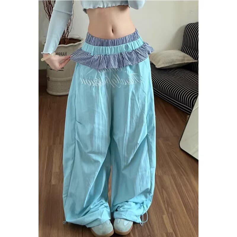좋은 품질 아메리칸 핫걸 체크무늬 레이스 더블 허리 머리 패치워크 속도 건조한 모통이 칼 바지 도파민 색상 와이드 레그 팬츠