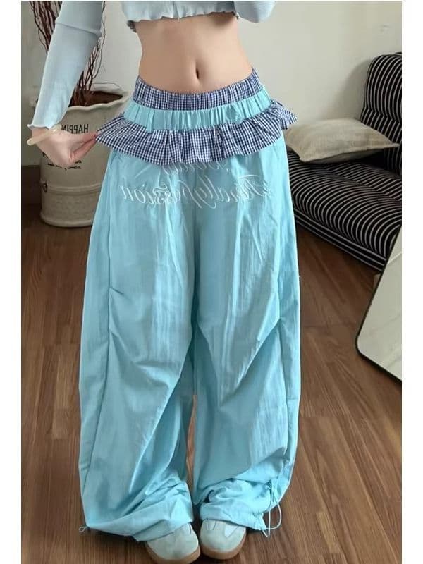 좋은 품질 아메리칸 핫걸 체크무늬 레이스 더블 허리 머리 패치워크 속도 건조한 모통이 칼 바지 도파민 색상 와이드 레그 팬츠 상세 이미지 2