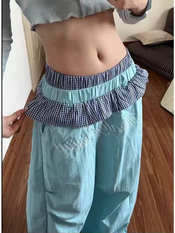 좋은 품질 아메리칸 핫걸 체크무늬 레이스 더블 허리 머리 패치워크 속도 건조한 모통이 칼 바지 도파민 색상 와이드 레그 팬츠 상세 이미지 3