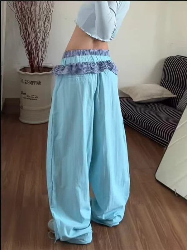 좋은 품질 아메리칸 핫걸 체크무늬 레이스 더블 허리 머리 패치워크 속도 건조한 모통이 칼 바지 도파민 색상 와이드 레그 팬츠 상세 이미지 4