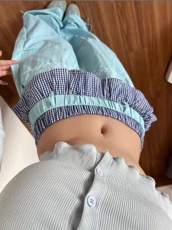 좋은 품질 아메리칸 핫걸 체크무늬 레이스 더블 허리 머리 패치워크 속도 건조한 모통이 칼 바지 도파민 색상 와이드 레그 팬츠 상세 이미지 5