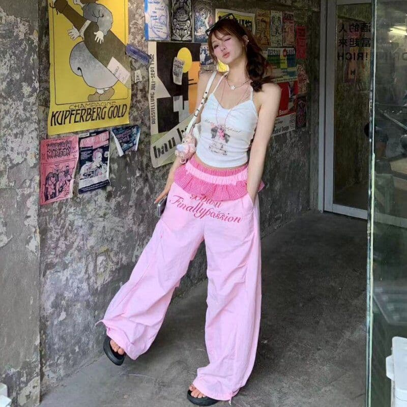 좋은 품질 아메리칸 핫걸 체크무늬 레이스 더블 허리 머리 패치워크 속도 건조한 모통이 칼 바지 도파민 색상 와이드 레그 팬츠 상세 이미지 6