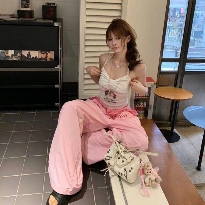좋은 품질 아메리칸 핫걸 체크무늬 레이스 더블 허리 머리 패치워크 속도 건조한 모통이 칼 바지 도파민 색상 와이드 레그 팬츠 상세 이미지 7