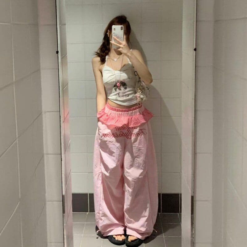좋은 품질 아메리칸 핫걸 체크무늬 레이스 더블 허리 머리 패치워크 속도 건조한 모통이 칼 바지 도파민 색상 와이드 레그 팬츠 상세 이미지 9