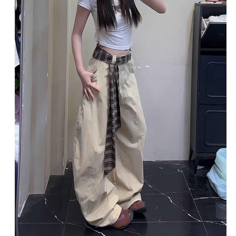 좋은 품질 체크무늬 벨트 패치워크 모통이 칼 바지 커플 섹션 여름 얇은 스타일 아메리칸 레트로 넓은 다리 워크웨어 바닥 청소 바지 트렌디 이미지 5