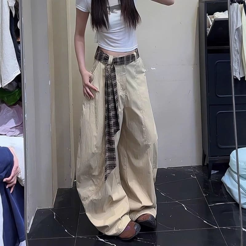 좋은 품질 체크무늬 벨트 패치워크 모통이 칼 바지 커플 섹션 여름 얇은 스타일 아메리칸 레트로 넓은 다리 워크웨어 바닥 청소 바지 트렌디 상세 이미지 2