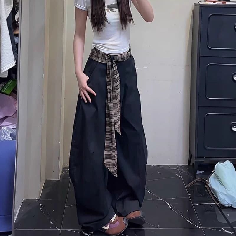 좋은 품질 체크무늬 벨트 패치워크 모통이 칼 바지 커플 섹션 여름 얇은 스타일 아메리칸 레트로 넓은 다리 워크웨어 바닥 청소 바지 트렌디 상세 이미지 3