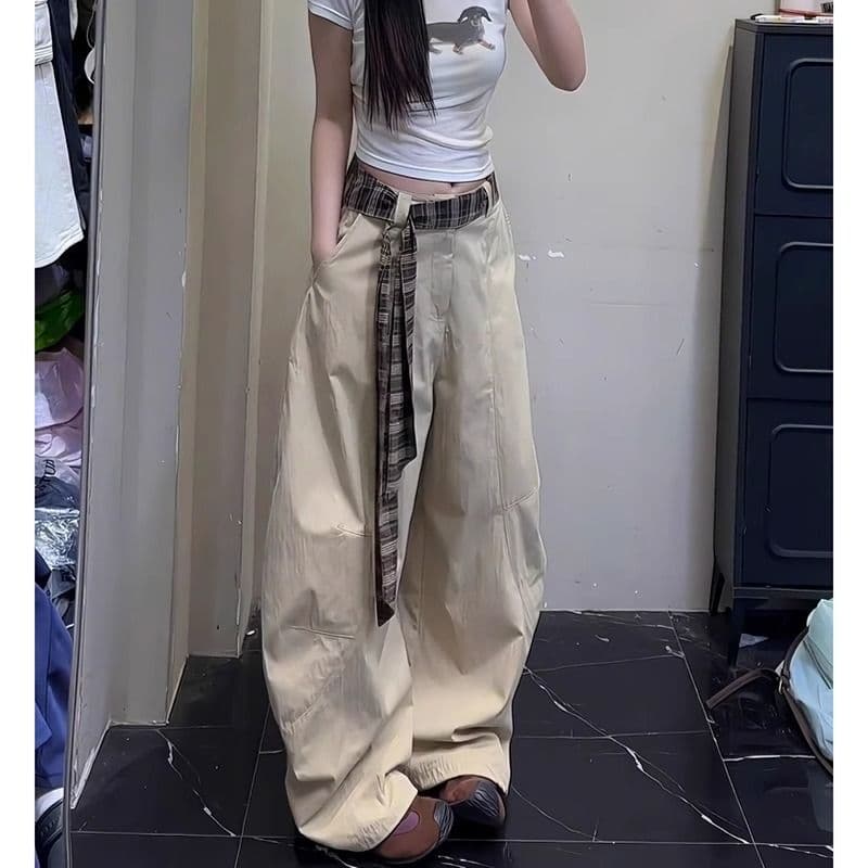 좋은 품질 체크무늬 벨트 패치워크 모통이 칼 바지 커플 섹션 여름 얇은 스타일 아메리칸 레트로 넓은 다리 워크웨어 바닥 청소 바지 트렌디 상세 이미지 5