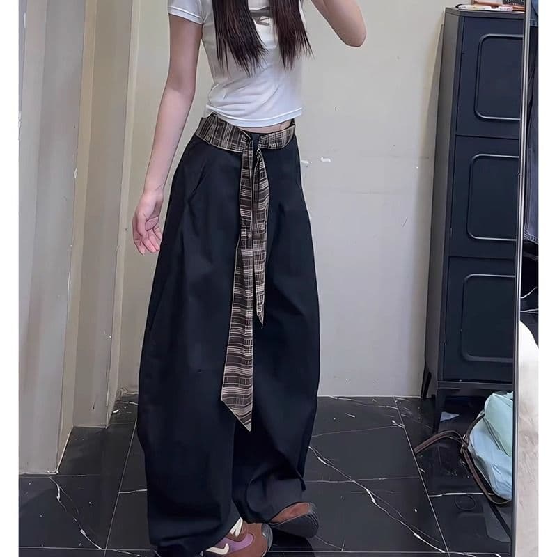 좋은 품질 체크무늬 벨트 패치워크 모통이 칼 바지 커플 섹션 여름 얇은 스타일 아메리칸 레트로 넓은 다리 워크웨어 바닥 청소 바지 트렌디 상세 이미지 6
