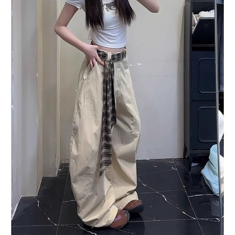 좋은 품질 체크무늬 벨트 패치워크 모통이 칼 바지 커플 섹션 여름 얇은 스타일 아메리칸 레트로 넓은 다리 워크웨어 바닥 청소 바지 트렌디 상세 이미지 7