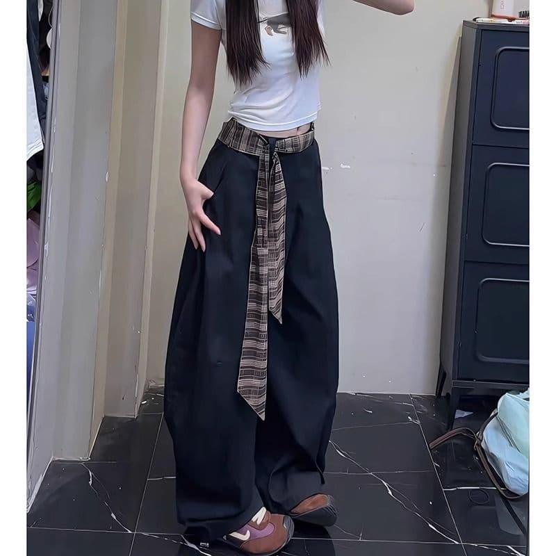 좋은 품질 체크무늬 벨트 패치워크 모통이 칼 바지 커플 섹션 여름 얇은 스타일 아메리칸 레트로 넓은 다리 워크웨어 바닥 청소 바지 트렌디 상세 이미지 8