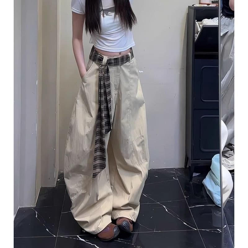 좋은 품질 체크무늬 벨트 패치워크 모통이 칼 바지 커플 섹션 여름 얇은 스타일 아메리칸 레트로 넓은 다리 워크웨어 바닥 청소 바지 트렌디 상세 이미지 9