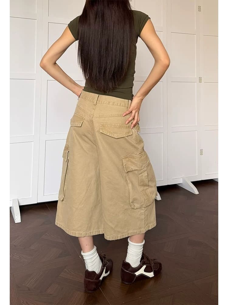 거리 아메리칸 워크웨어 바람 기타 주머니 7부 바지 남녀 여름 루즈핏 다용도 와이드 레그 팬츠 카키 색 트렌디 상세 이미지 6