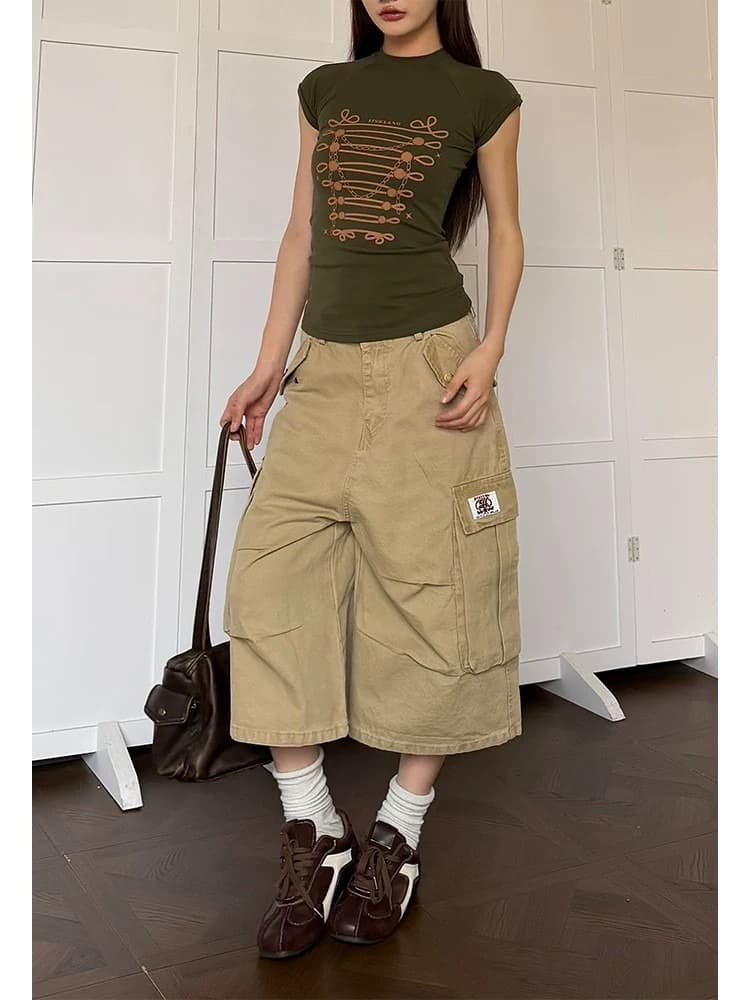 거리 아메리칸 워크웨어 바람 기타 주머니 7부 바지 남녀 여름 루즈핏 다용도 와이드 레그 팬츠 카키 색 트렌디 상세 이미지 7
