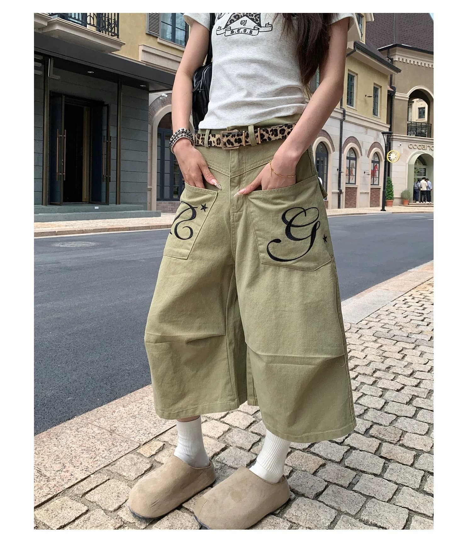 2026 여름 아메리칸 레트로 워크웨어 주머니 알파벳 프린트 7부 바지 루즈핏 다용도 반바지 상세 이미지 4