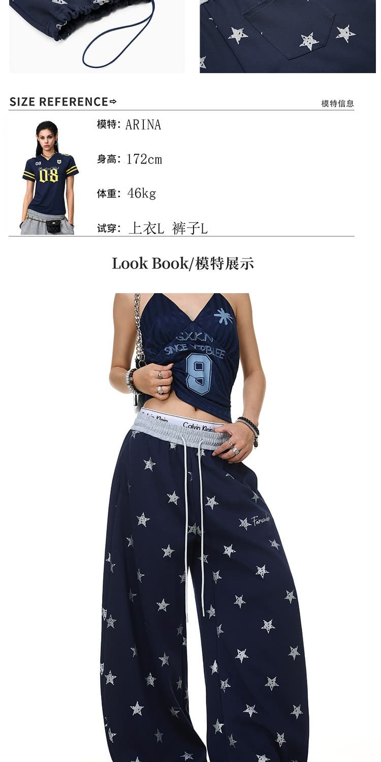 아메리칸 레트로 별 마 오래된 센스 프린트 모통이 칼 웨이 바지 여름 루즈핏 캐주얼 넓은 다리 디자인 센스 다용도 긴 바지 상세 이미지 4