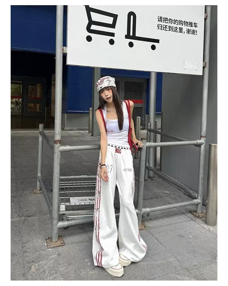 아메리칸 측면 참고 스트라이프 프린트 웨이 바지 남녀 여름 새로운 참고 알파벳 허리밴드 바닥 청소 와이드 레그 팬츠 상세 이미지 7