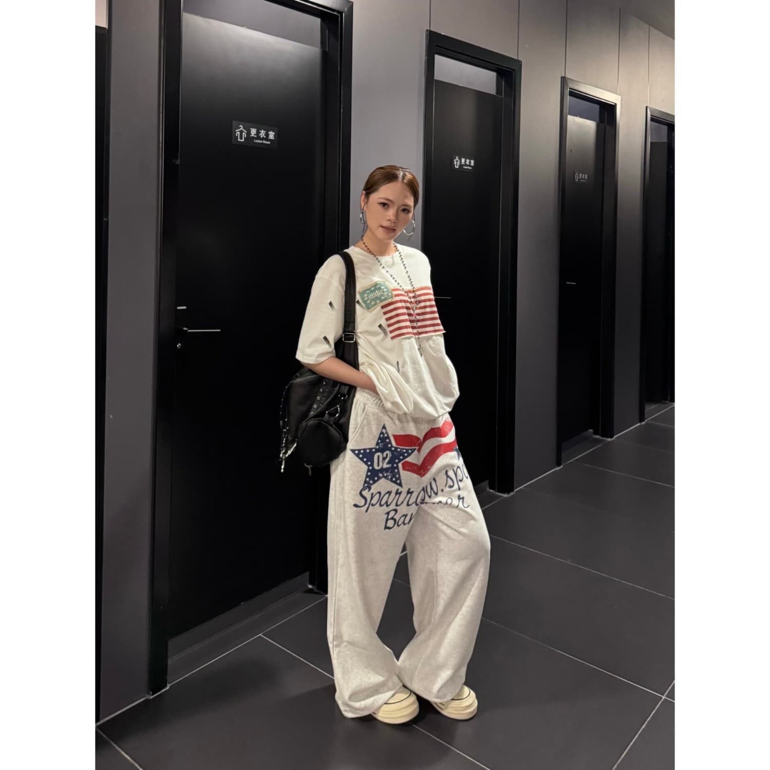 아메리칸 레트로 알파벳 프린트 디자인 센스 스트레이트 웨이 바지 남녀 캐주얼 허리밴드 와이드 레그 팬츠 이미지 5