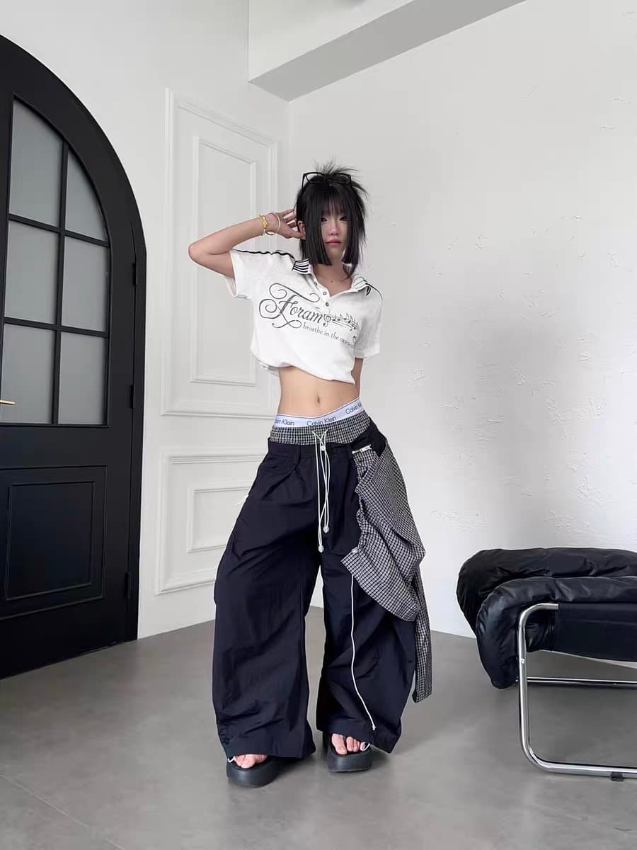 아메리칸 거리 불규칙 탈착식 방귀 커튼 캐주얼 바지 루즈핏 더블 머리 허리 모통이 칼 바지 상세 이미지 4