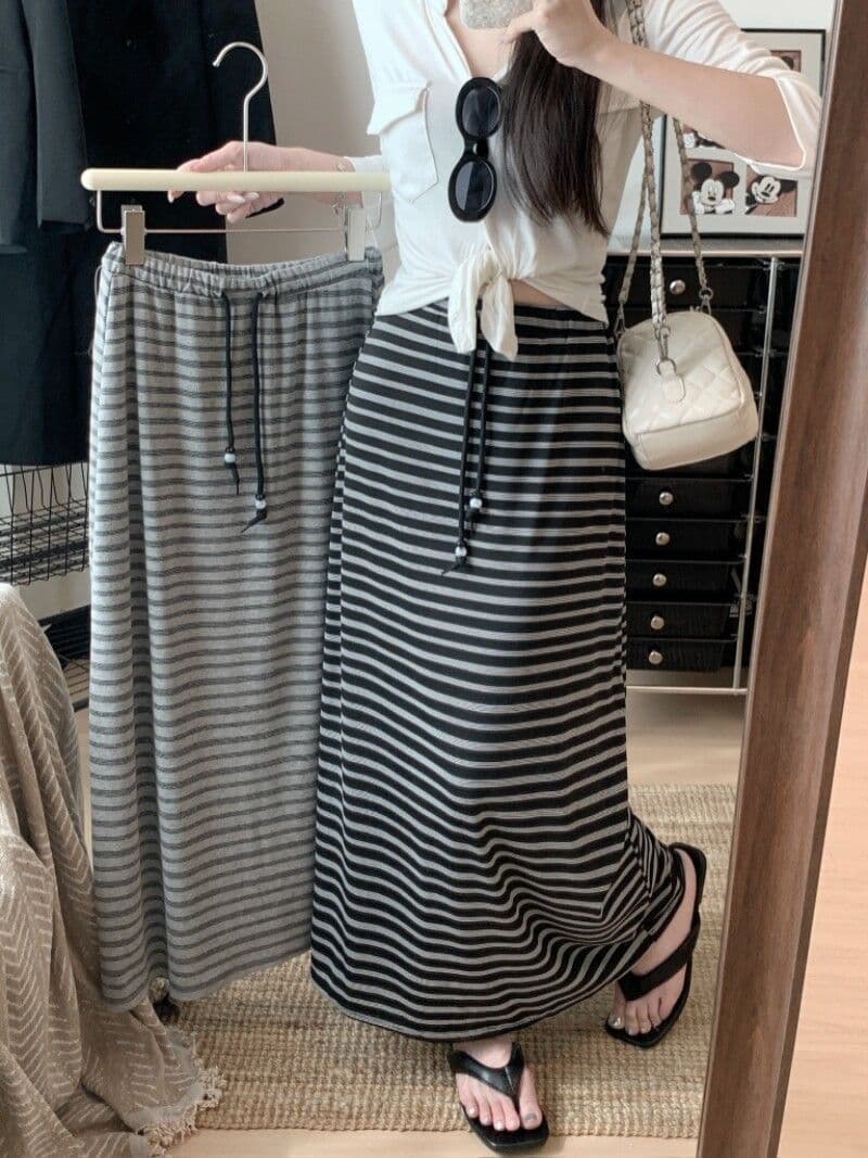원본 컬러 짜임 기사 원단 검정색 스트라이프 펌프 로프 허리밴드 반신 스커트 여성 포크 타이트 스커트 치마 한 마디 롱 스커트 상세 이미지 3