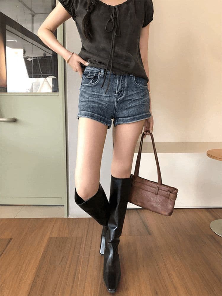 레트로 핫걸 데님 반바지 여성 다용도 작은 키 슬림해 보이는 스트레이트 넓은 다리 뜨거운 바지 이미지 2