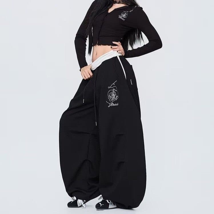 스트리트 댄스 아메리칸 웃음 하 패치워크 색상 허리 머리 디자인 센스 장미 캐주얼 재즈 댄스 모통이 칼 바지 여성 여름 캐주얼 와이드 레그 팬츠 이미지 2