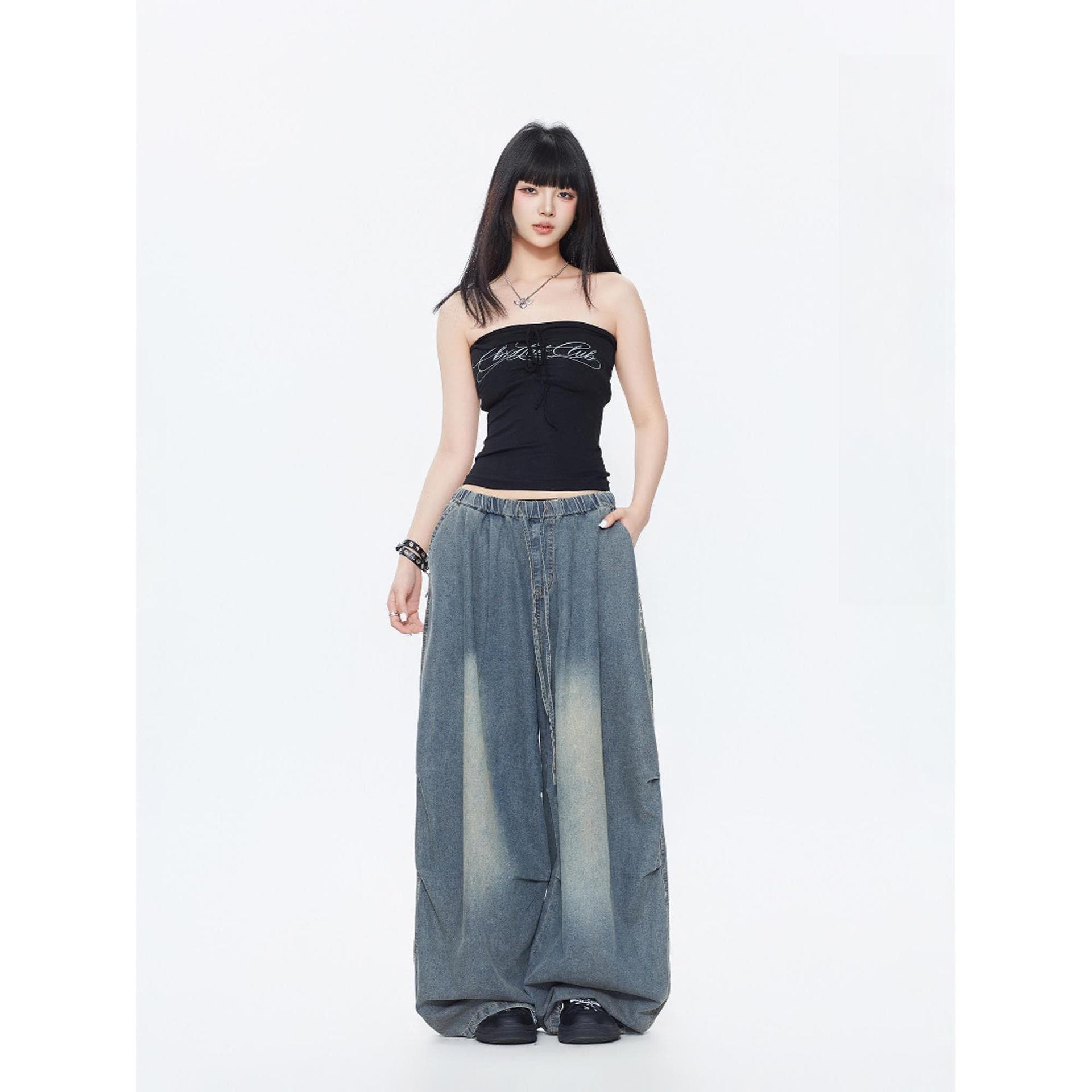 스트리트 댄스 조수 브랜드 우아한 수계 oversize 진한 파란색 형제 특별 데님 긴 바지 웃음 하 거리 캐주얼 바지 여성 상세 이미지 1