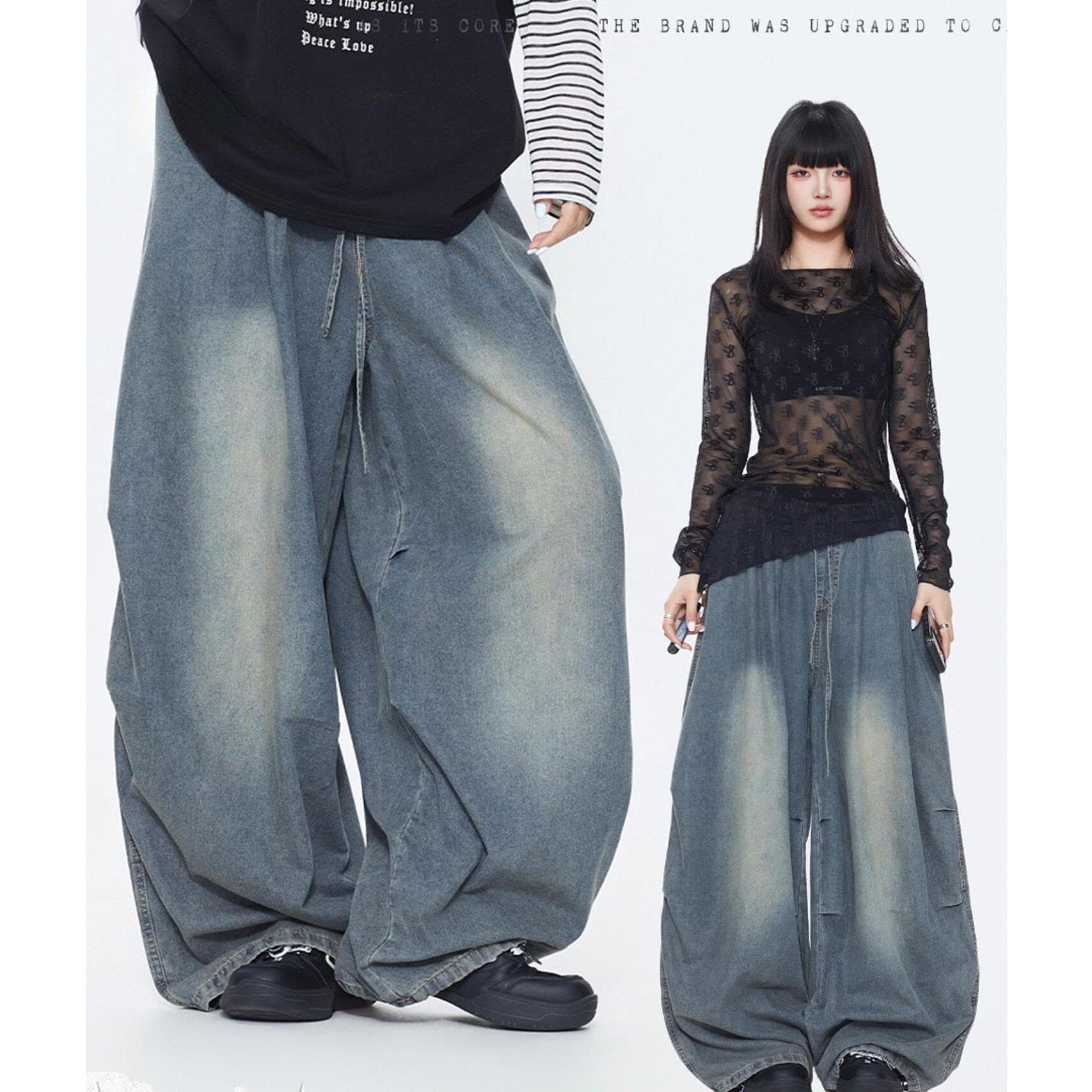 스트리트 댄스 조수 브랜드 우아한 수계 oversize 진한 파란색 형제 특별 데님 긴 바지 웃음 하 거리 캐주얼 바지 여성 상세 이미지 2
