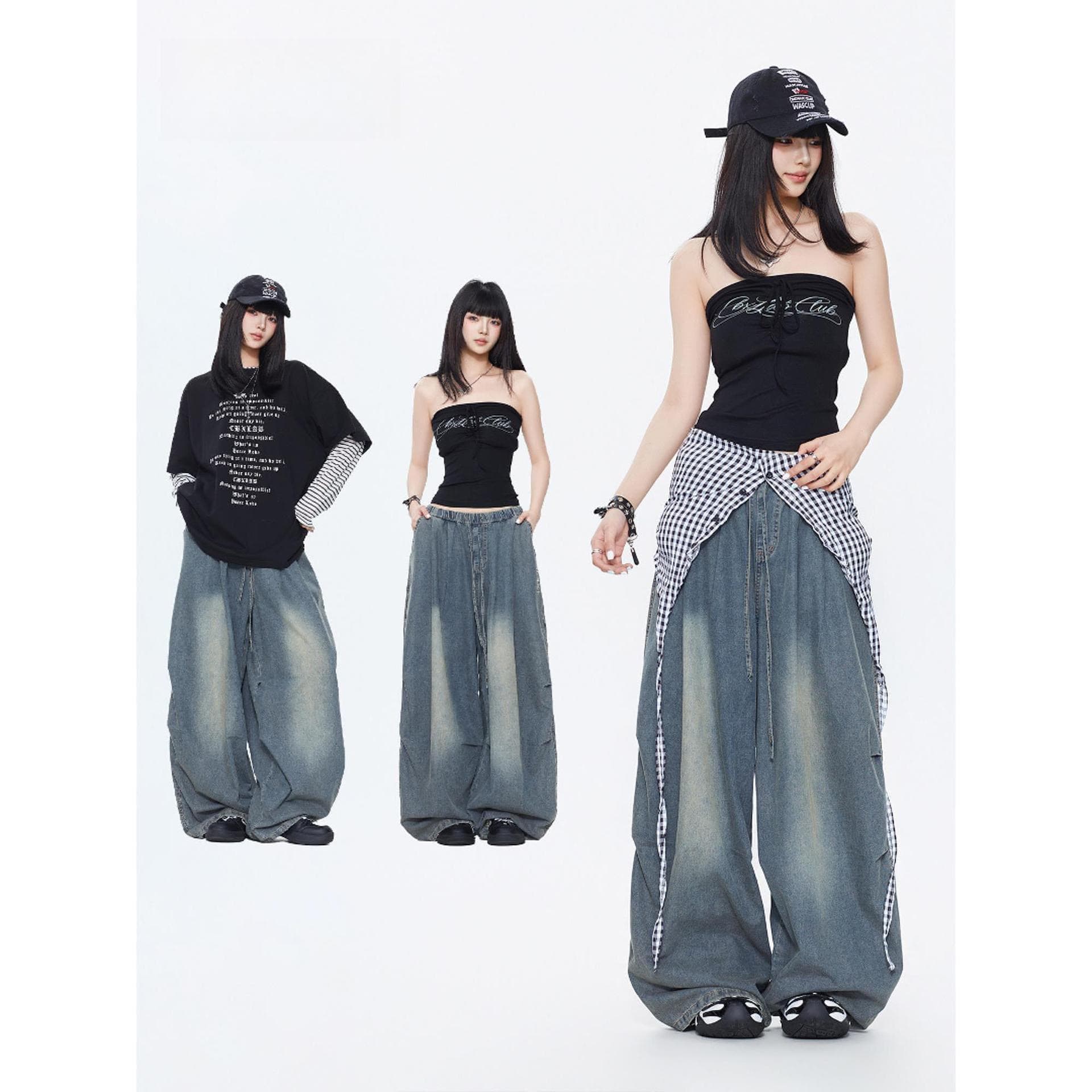 스트리트 댄스 조수 브랜드 우아한 수계 oversize 진한 파란색 형제 특별 데님 긴 바지 웃음 하 거리 캐주얼 바지 여성 상세 이미지 4
