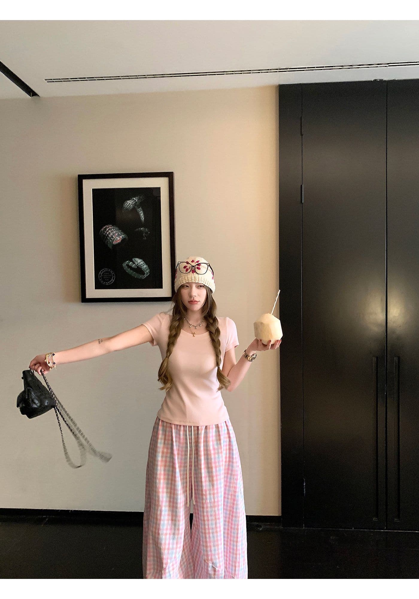 여름 새로운 패치워크 하이웨이스트 허리밴드 체크무늬 넓은 다리 캐주얼 다용도 바지 여성 긴 바지 디자인 센스 루즈핏 바지 상세 이미지 18