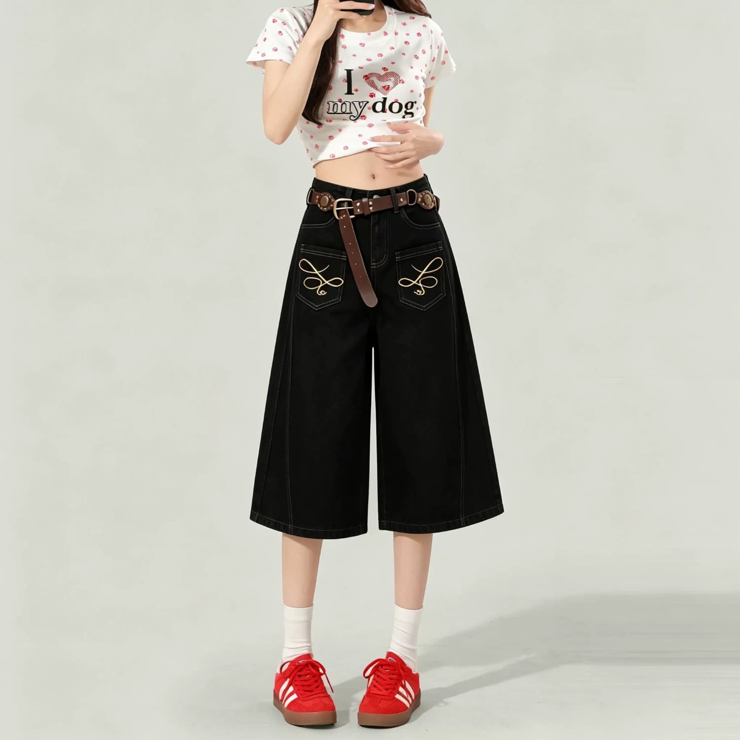 아메리칸 디자인 센스 리버스 마모 주머니 모통이 칼 데님 반바지 남녀 여름 프로필 모양 넓은 다리 느긋한 센스 7부 바지 남자 상세 이미지 3