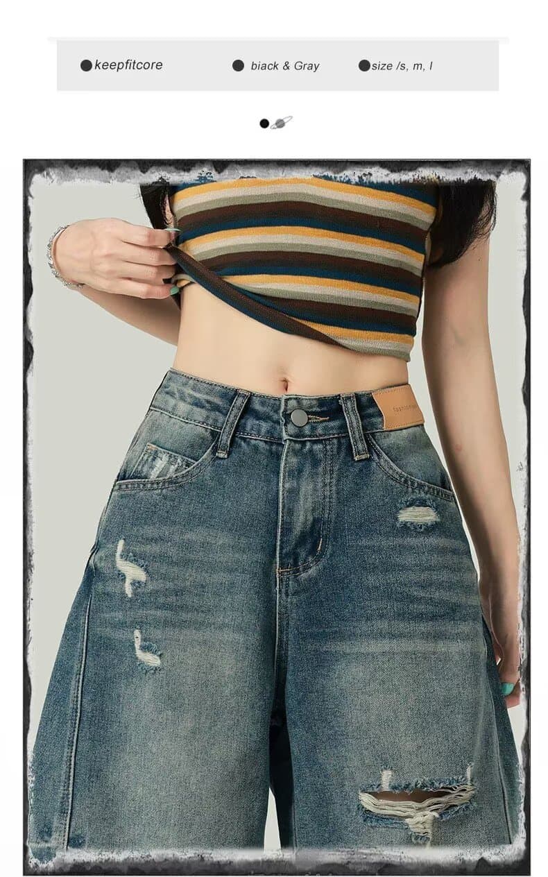 일본식 데님 반바지 여름 찢어진 부분 루즈핏 오부 바지 트렌드 다용도 잘 생긴 바지 청년 캐주얼 여성 바지 상세 이미지 3