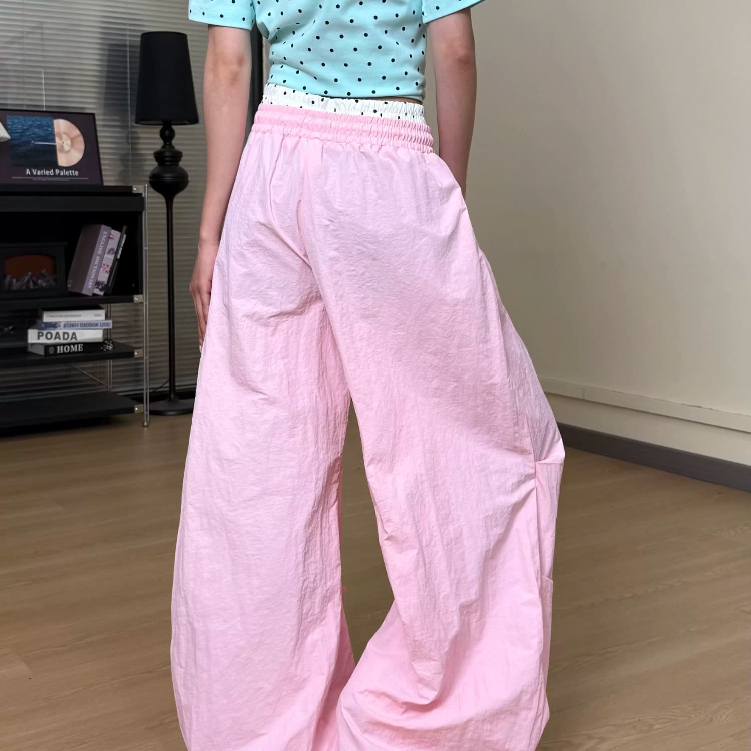 아메리칸 레트로 도파민 더블 허리 도트 무늬 주름 모통이 칼 캐주얼 바지 여성 루즈핏 낙하산 병 바지 여름 이미지 4