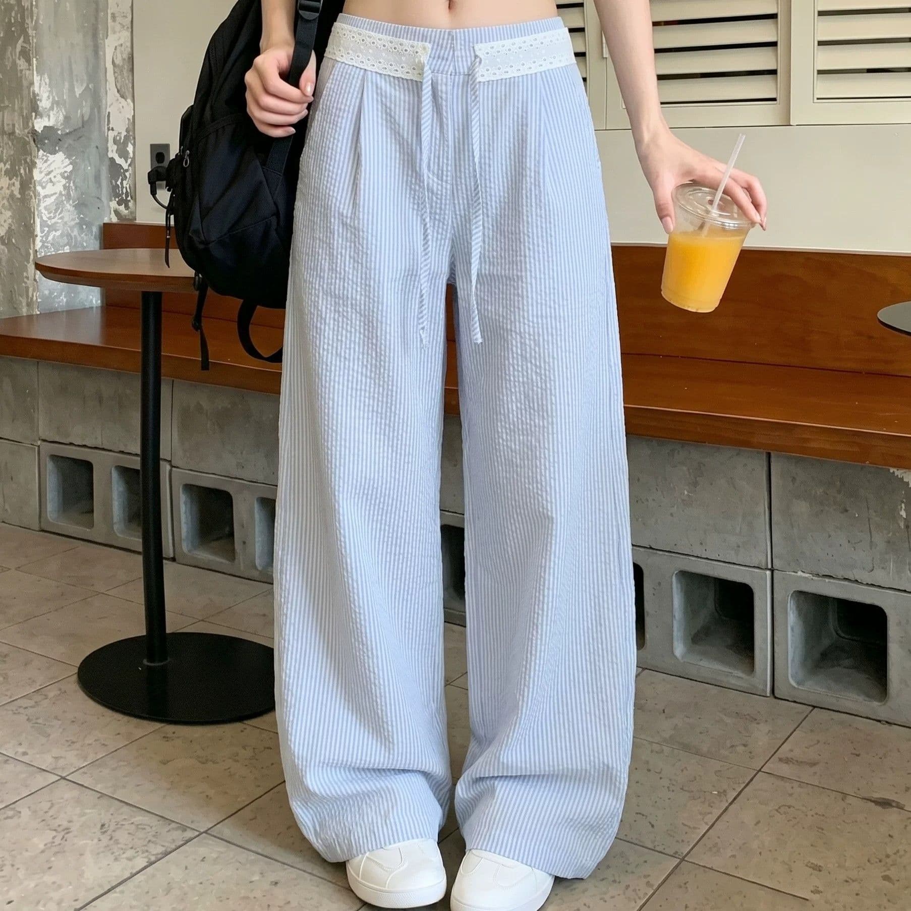 파란색 스트라이프 하이웨이스트 와이드 레깅스 바지 여름 2026 새로운 다용도 슬림해 보이는 느긋한 바람 레이스 조각 캐주얼 바지 상세 이미지 7