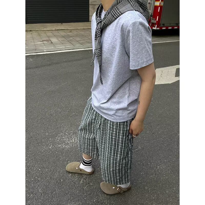 아메리칸 레트로 체크무늬 캐주얼 반바지 남녀 여름 조수 브랜드 일본식 느긋한 바람 루즈핏 넓은 다리 세븐 상세 이미지 2