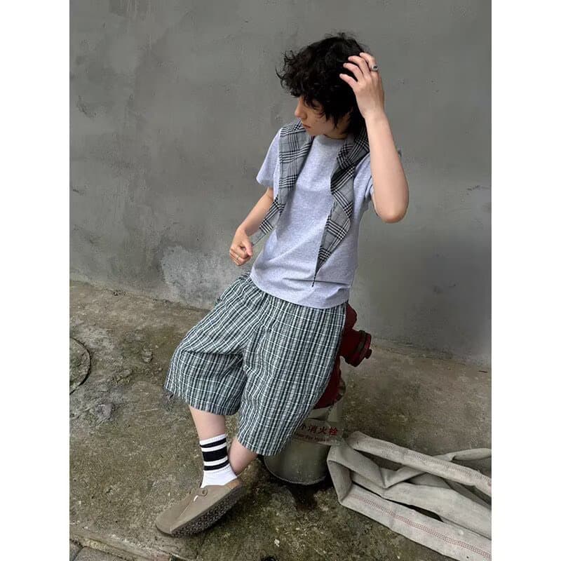 아메리칸 레트로 체크무늬 캐주얼 반바지 남녀 여름 조수 브랜드 일본식 느긋한 바람 루즈핏 넓은 다리 세븐 상세 이미지 3