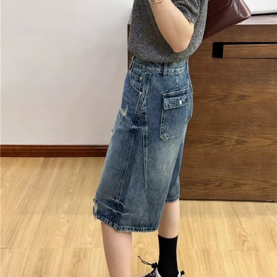 여름 아메리칸 워싱 마 오래된 찢어진 부분 데님 오부 바지 남녀 루즈핏 캐주얼 다용도 넓은 다리가 짧다. 바지 이미지 3