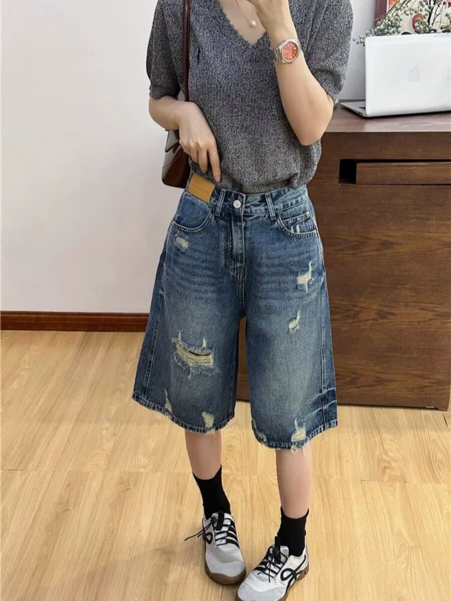 여름 아메리칸 워싱 마 오래된 찢어진 부분 데님 오부 바지 남녀 루즈핏 캐주얼 다용도 넓은 다리가 짧다. 바지 상세 이미지 8