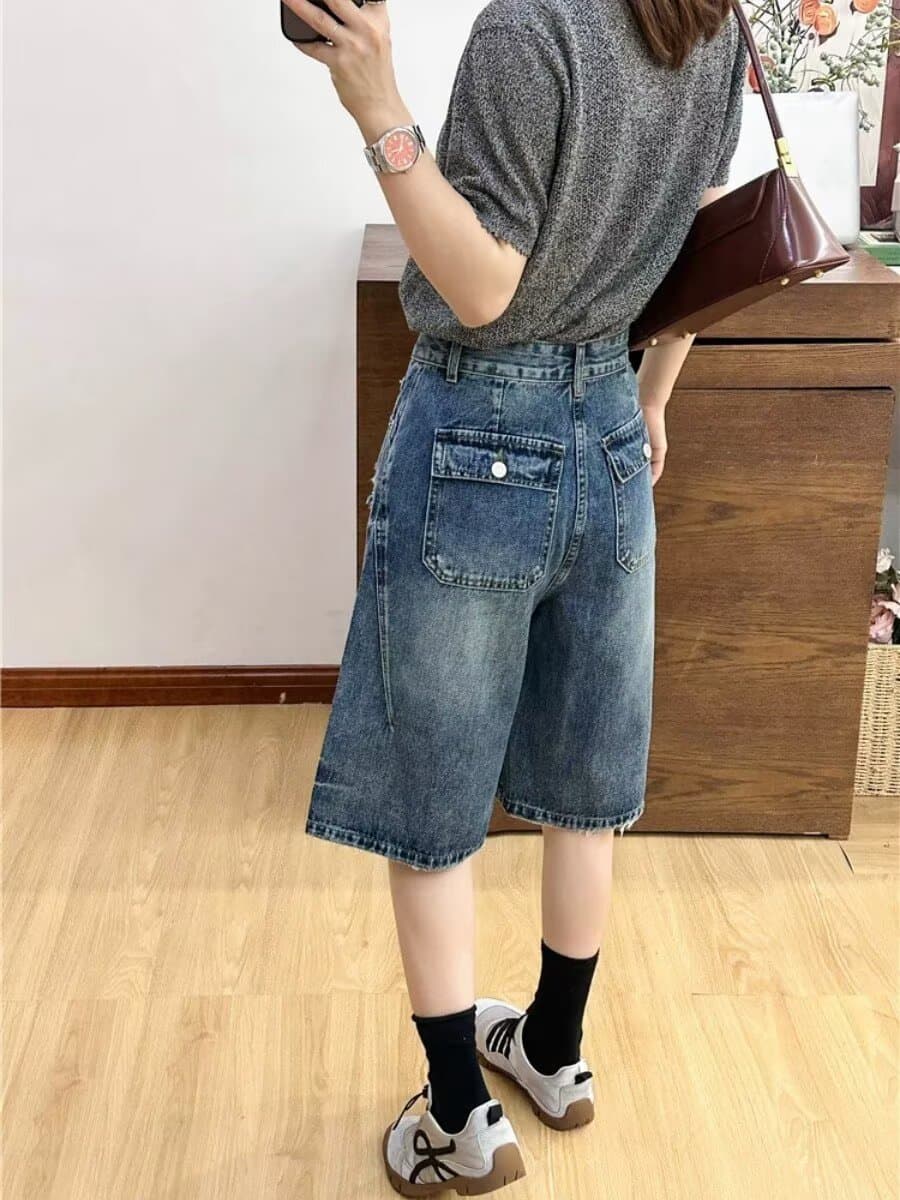 여름 아메리칸 워싱 마 오래된 찢어진 부분 데님 오부 바지 남녀 루즈핏 캐주얼 다용도 넓은 다리가 짧다. 바지 상세 이미지 10