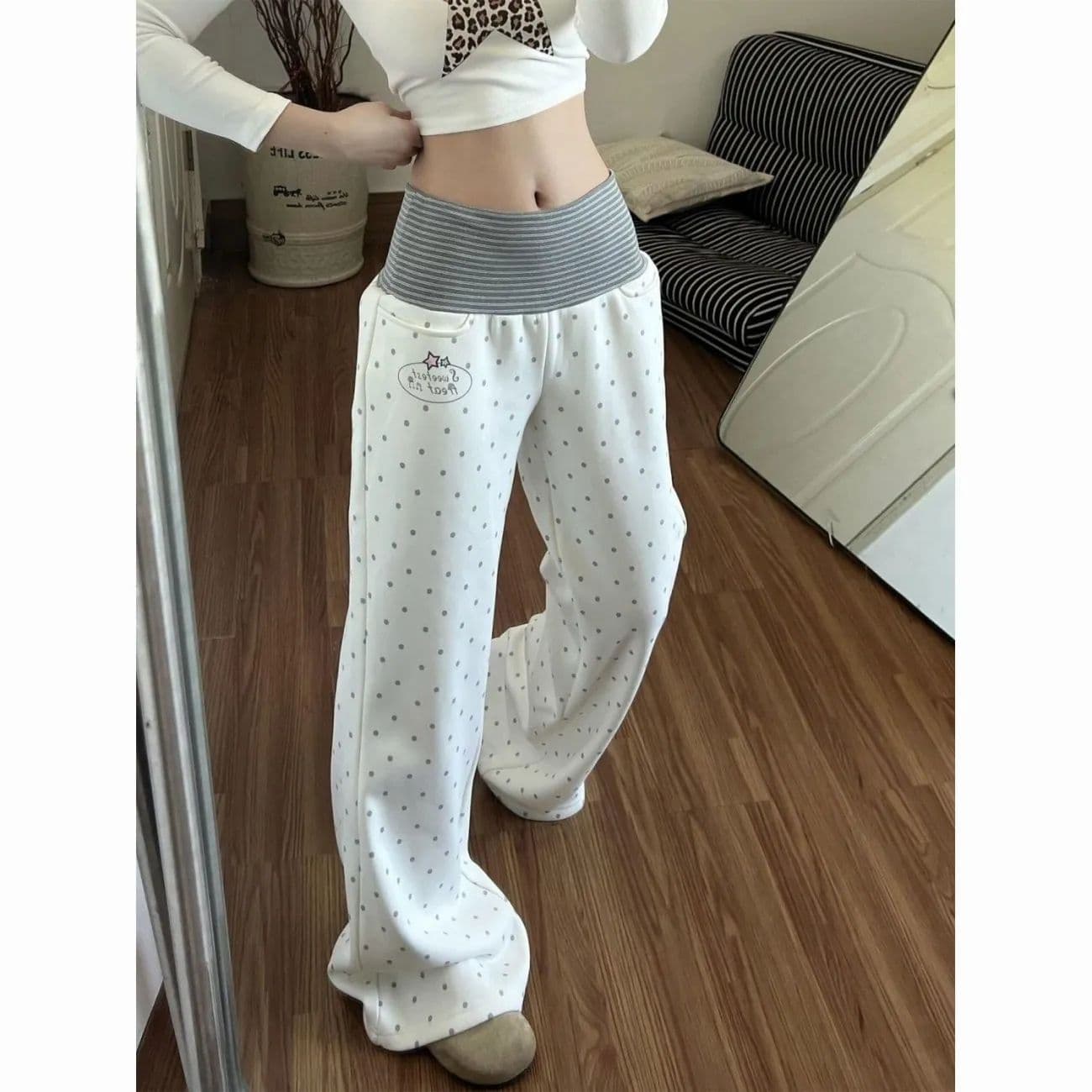 아메리칸 레트로 도트 무늬 캐주얼 바지 여성 고급 센스 배색 패치워크 여름 새로운 착용 가져 가라. 작은 키 부츠컷 바지 상세 이미지 2