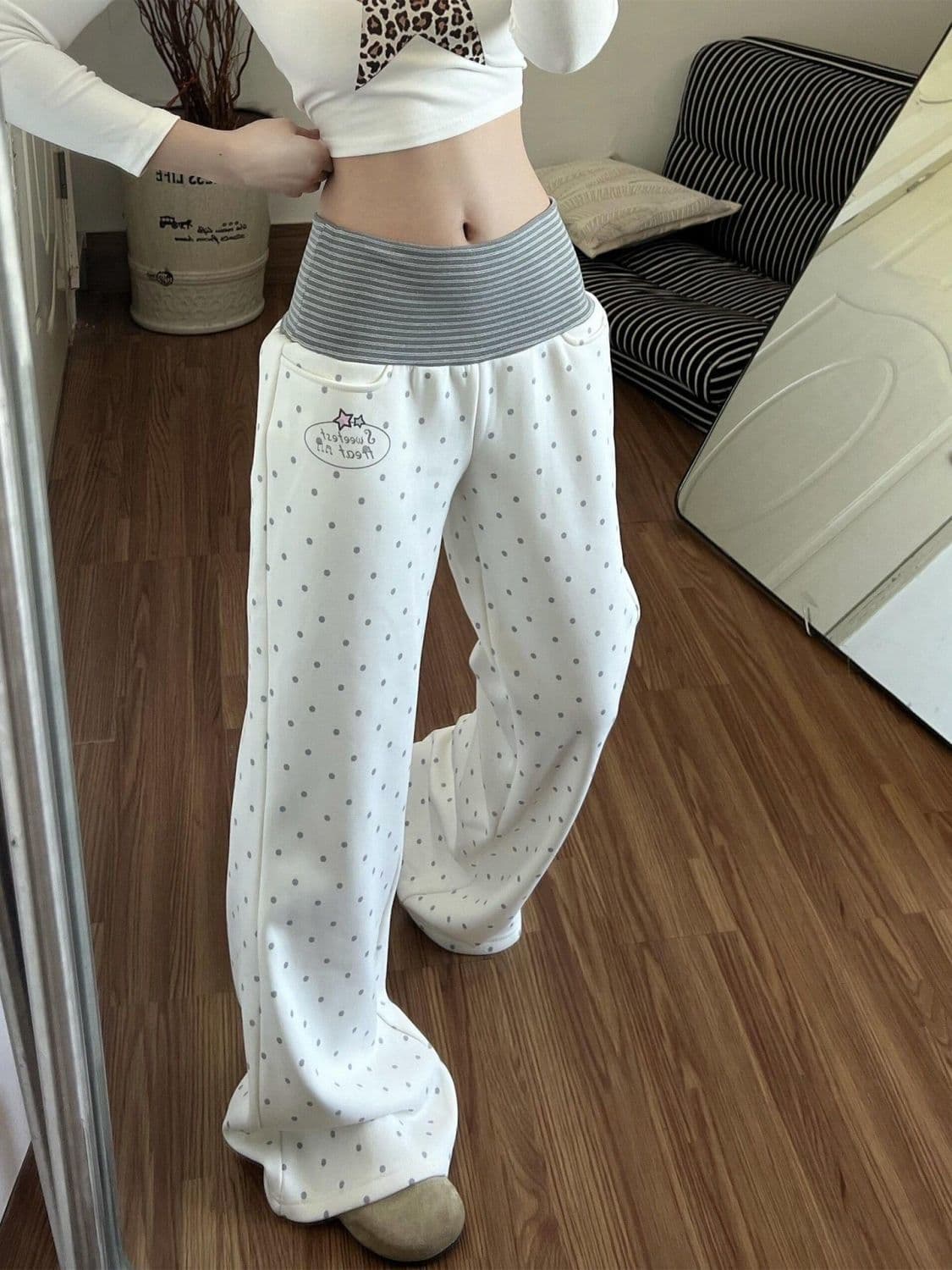 아메리칸 레트로 도트 무늬 캐주얼 바지 여성 고급 센스 배색 패치워크 여름 새로운 착용 가져 가라. 작은 키 부츠컷 바지 상세 이미지 9