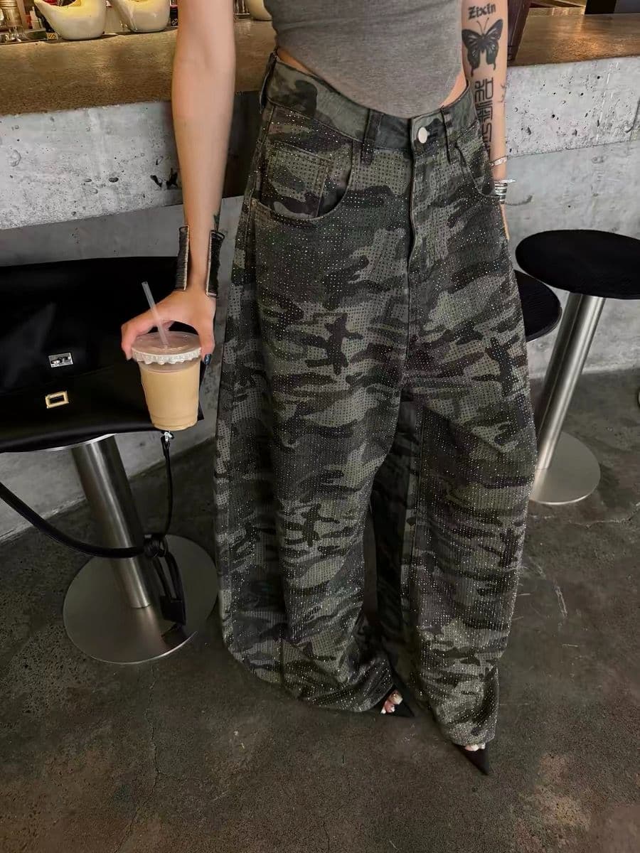 카모플라주 핫픽스 넓은 다리 워크웨어 팬츠 여성 새로운 거리 핫걸 느긋한 루즈핏 캐주얼 바지