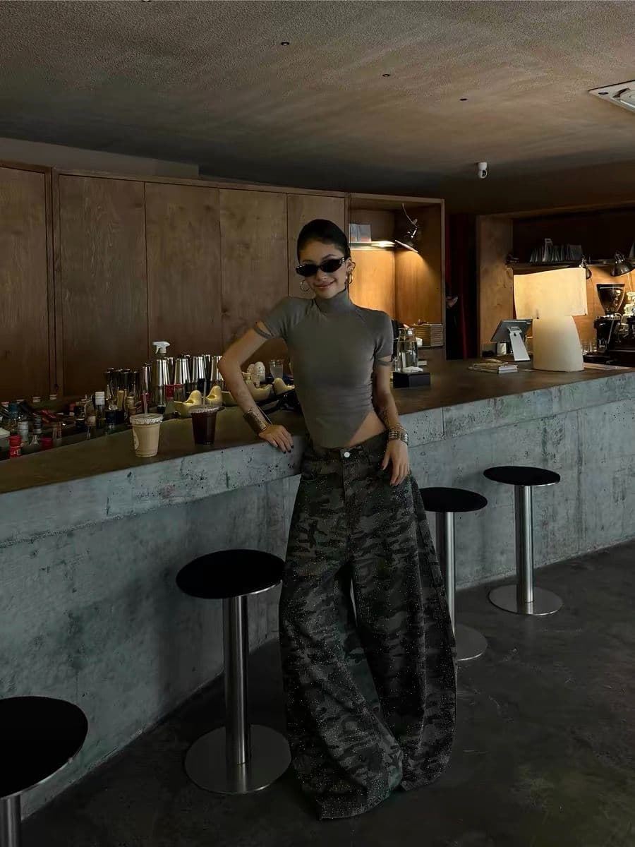 카모플라주 핫픽스 넓은 다리 워크웨어 팬츠 여성 새로운 거리 핫걸 느긋한 루즈핏 캐주얼 바지 이미지 4
