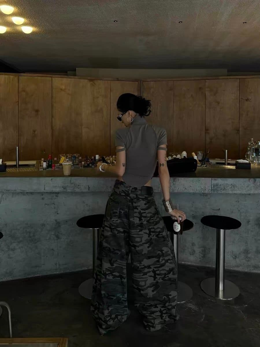 카모플라주 핫픽스 넓은 다리 워크웨어 팬츠 여성 새로운 거리 핫걸 느긋한 루즈핏 캐주얼 바지 이미지 3