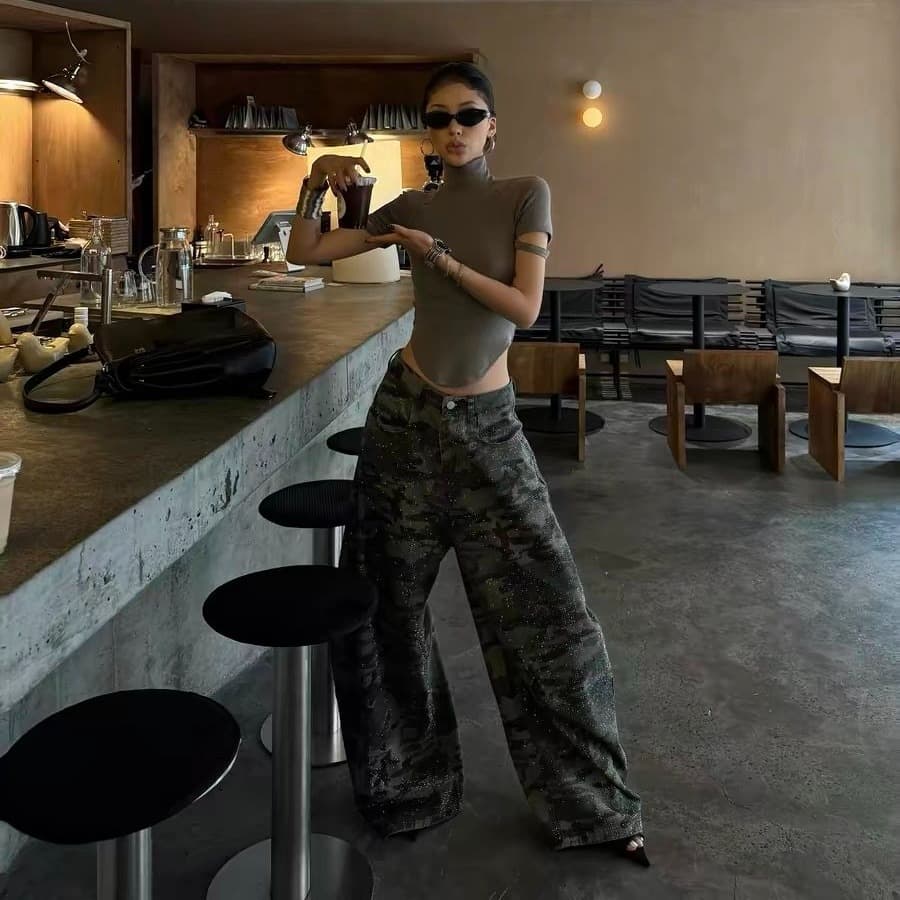 카모플라주 핫픽스 넓은 다리 워크웨어 팬츠 여성 새로운 거리 핫걸 느긋한 루즈핏 캐주얼 바지 이미지 5